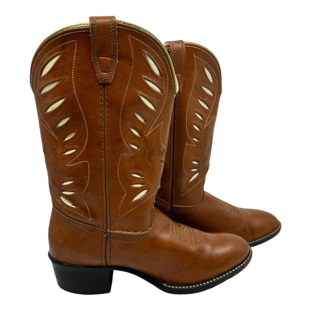 Acme Cowpuncher Western Boots Womens 5D Tan Leather Good Contrast Stitching VTG.